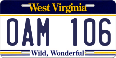 WV license plate OAM106