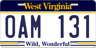 WV license plate OAM131