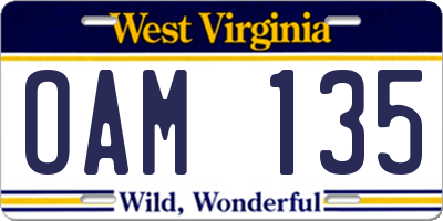 WV license plate OAM135