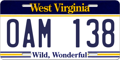 WV license plate OAM138