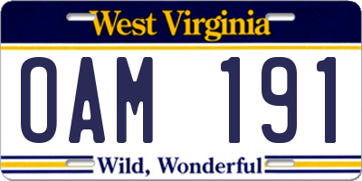 WV license plate OAM191