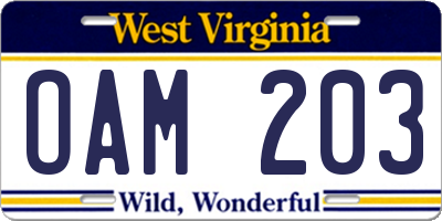 WV license plate OAM203