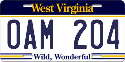 WV license plate OAM204
