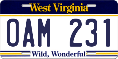 WV license plate OAM231