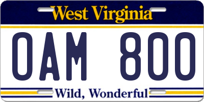 WV license plate OAM800