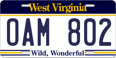 WV license plate OAM802