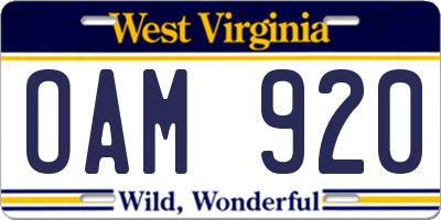WV license plate OAM920