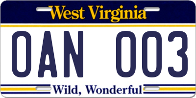 WV license plate OAN003