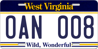 WV license plate OAN008