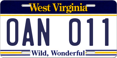 WV license plate OAN011