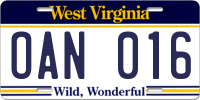 WV license plate OAN016