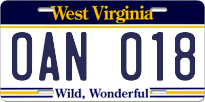 WV license plate OAN018