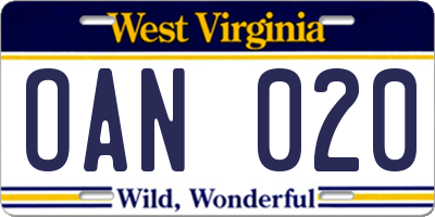 WV license plate OAN020