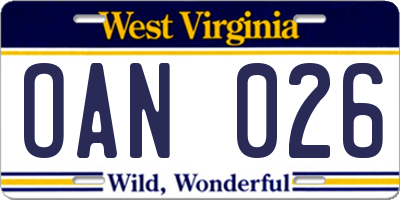WV license plate OAN026