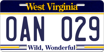 WV license plate OAN029