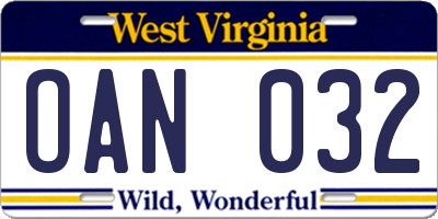 WV license plate OAN032