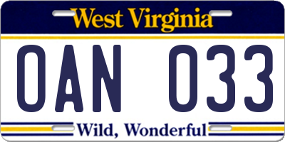 WV license plate OAN033