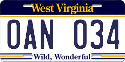 WV license plate OAN034