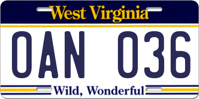 WV license plate OAN036
