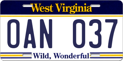 WV license plate OAN037