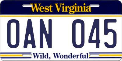 WV license plate OAN045