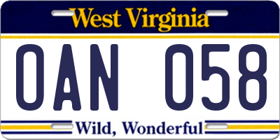 WV license plate OAN058