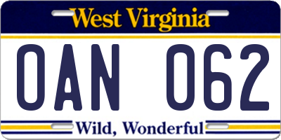 WV license plate OAN062