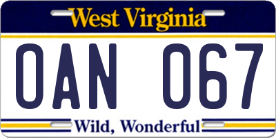 WV license plate OAN067