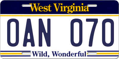 WV license plate OAN070
