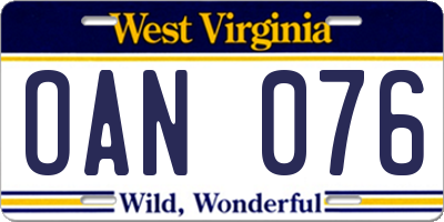 WV license plate OAN076