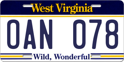 WV license plate OAN078