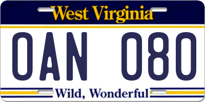 WV license plate OAN080