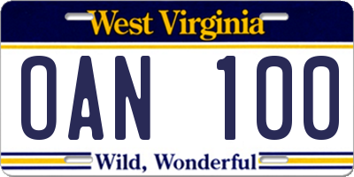 WV license plate OAN100