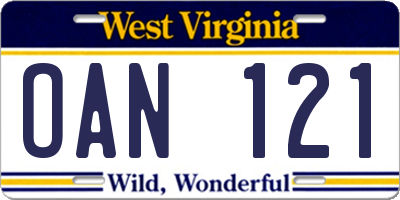 WV license plate OAN121
