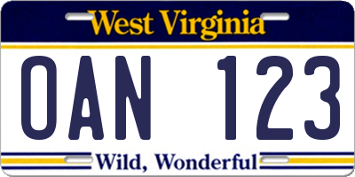 WV license plate OAN123