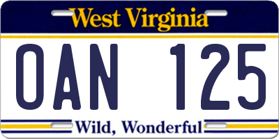 WV license plate OAN125