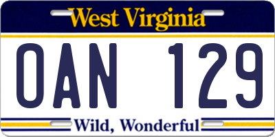 WV license plate OAN129