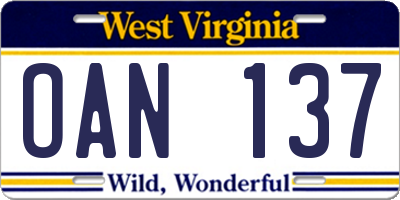 WV license plate OAN137