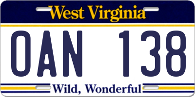 WV license plate OAN138
