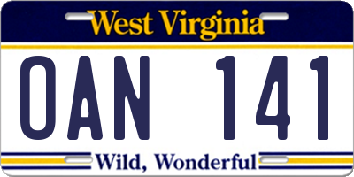 WV license plate OAN141