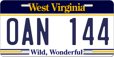 WV license plate OAN144