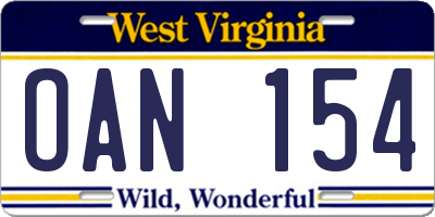 WV license plate OAN154