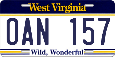 WV license plate OAN157