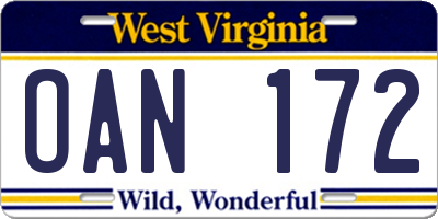 WV license plate OAN172