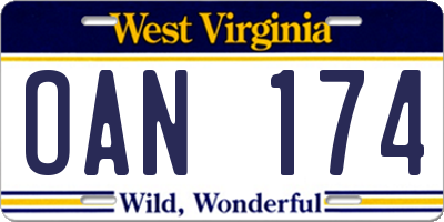 WV license plate OAN174