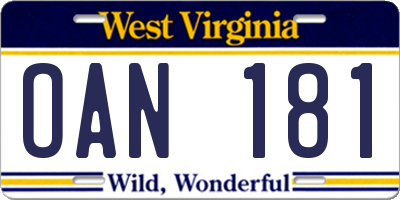 WV license plate OAN181