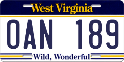 WV license plate OAN189