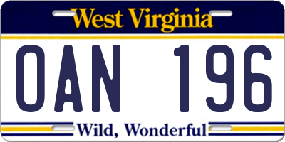 WV license plate OAN196