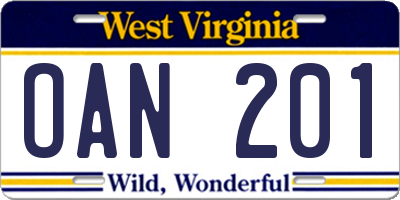WV license plate OAN201