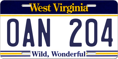 WV license plate OAN204